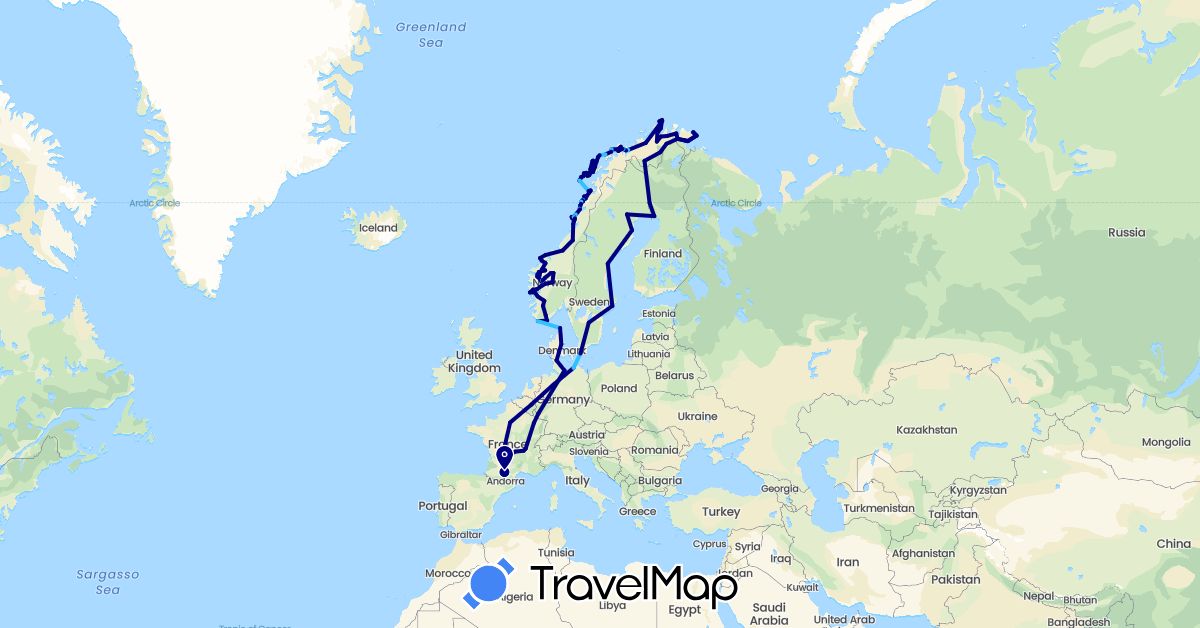 TravelMap itinerary: driving, boat in Belgium, Germany, Denmark, Finland, France, Norway, Sweden (Europe)